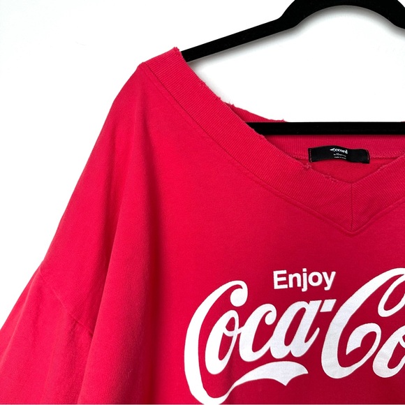 Coca-Cola Red Oversized Distressed Drop Shoulder 3/4 Sleeve V-Neck Sweatshirt - Picture 3 of 13